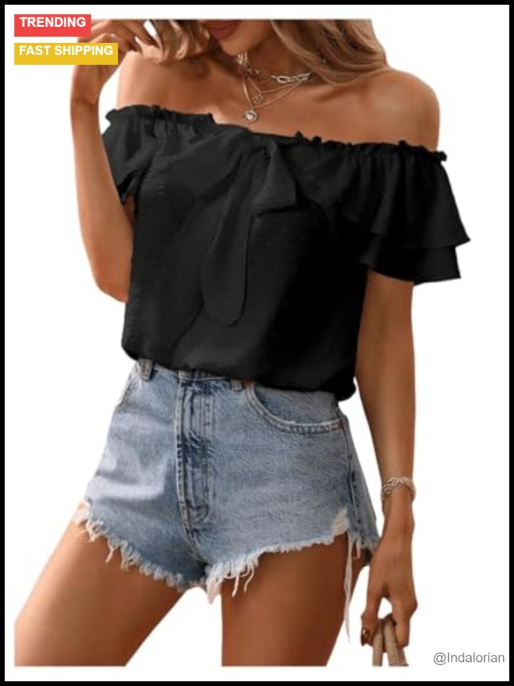Off Shoulder Ruffle Tiered Butterfly Sleeve Knot Front Blouse Women Casual